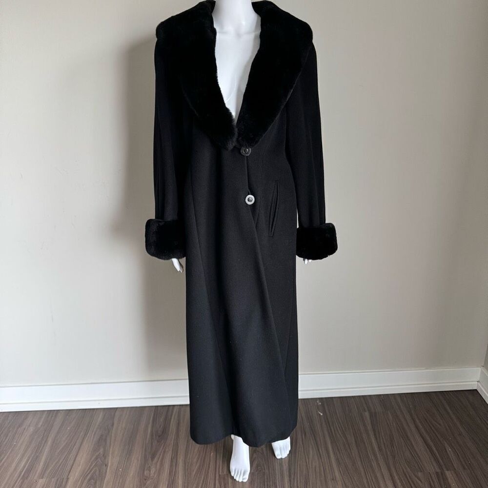 Vintage Women’s Black Sheared  Cashmere Wool Real Fur Trim Maxi Coat Black
